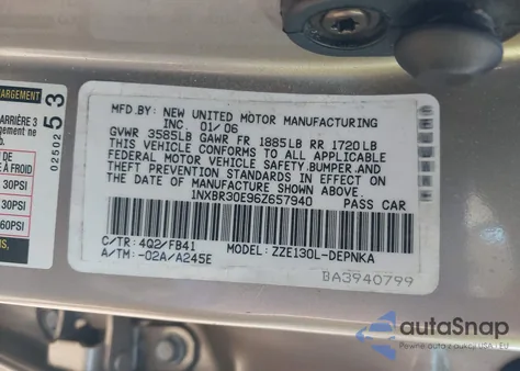 2006 Toyota Corolla Le from USA, damaged, VIN 1NXBR30E96Z657940